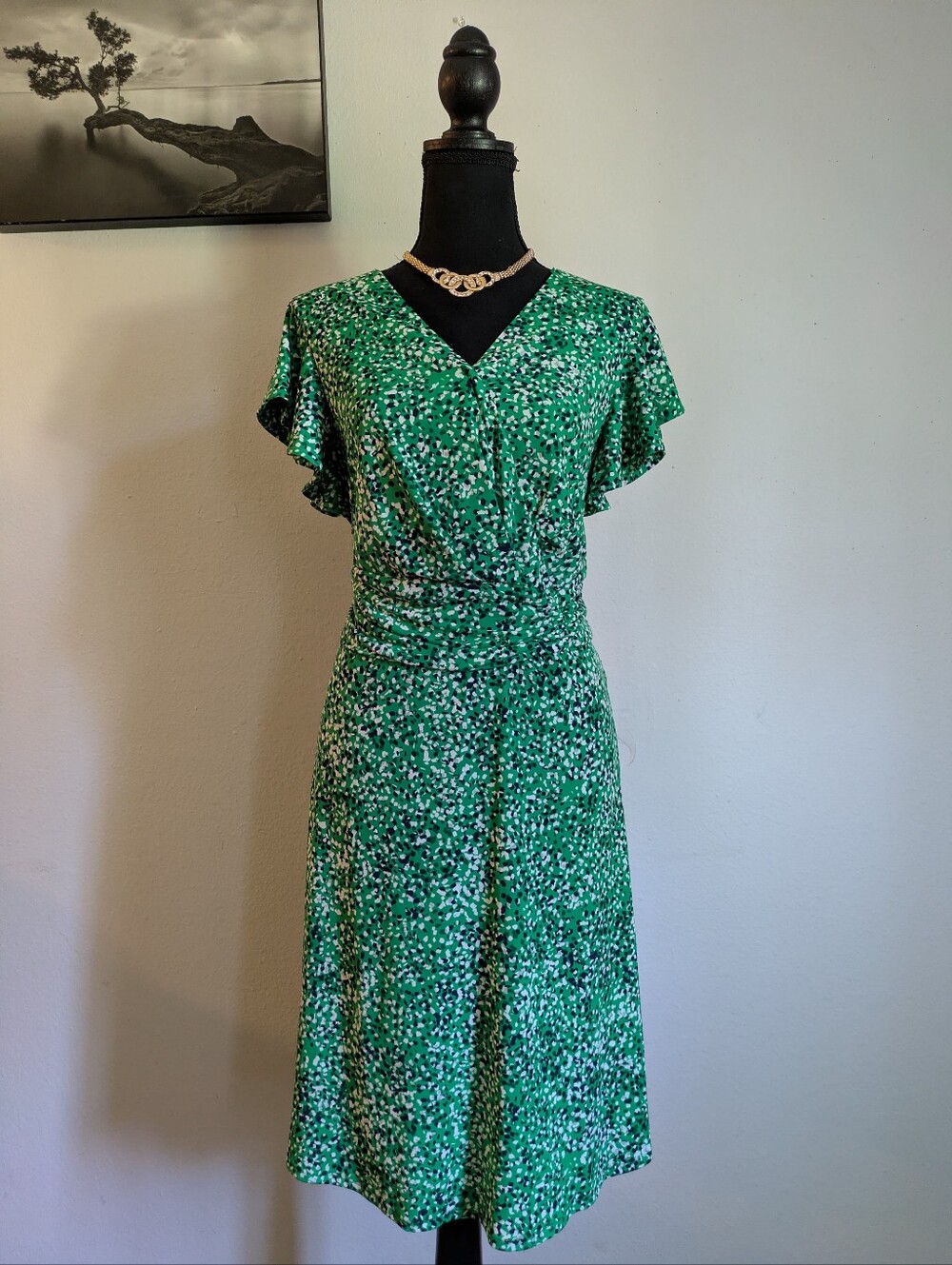 Jessica Howard Green Abstract Print Flutter Sleeve Wrap Style Dress - Size 14W